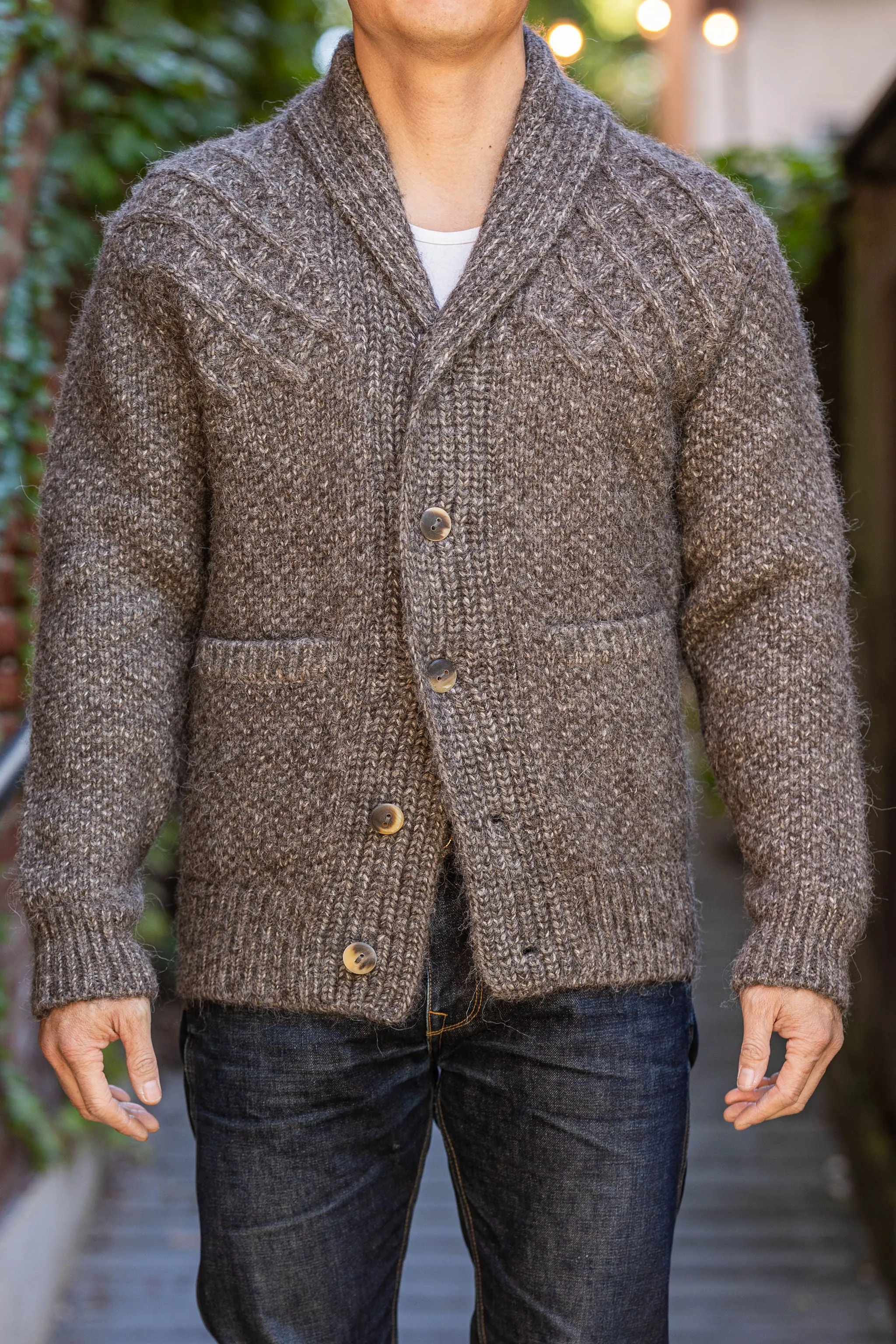 Indi + Ash Andes Cardigan - Black Alpaca/Walnut Cotton