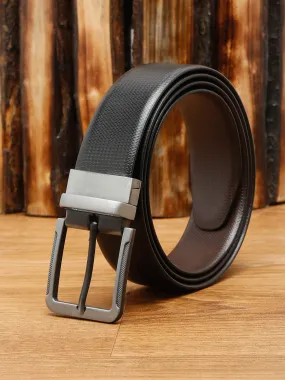 Men Black Textured Genuine Leather Reversible Belt