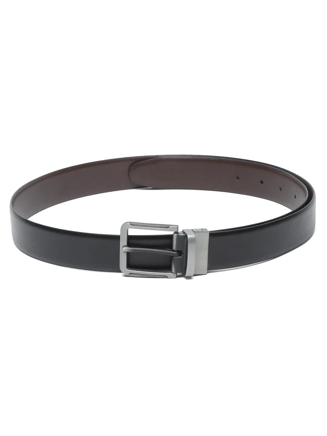 Men Black Textured Genuine Leather Reversible Belt