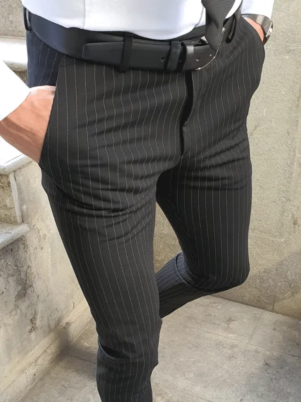 Oakland Black Slim Fit Pinstripe Pants