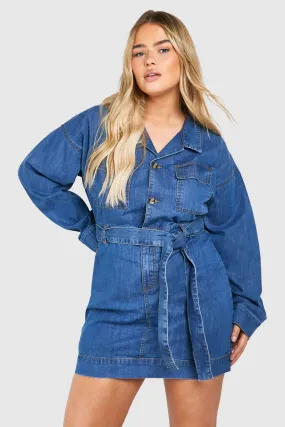 Plus Long Sleeve Tie Belt Denim Dress
