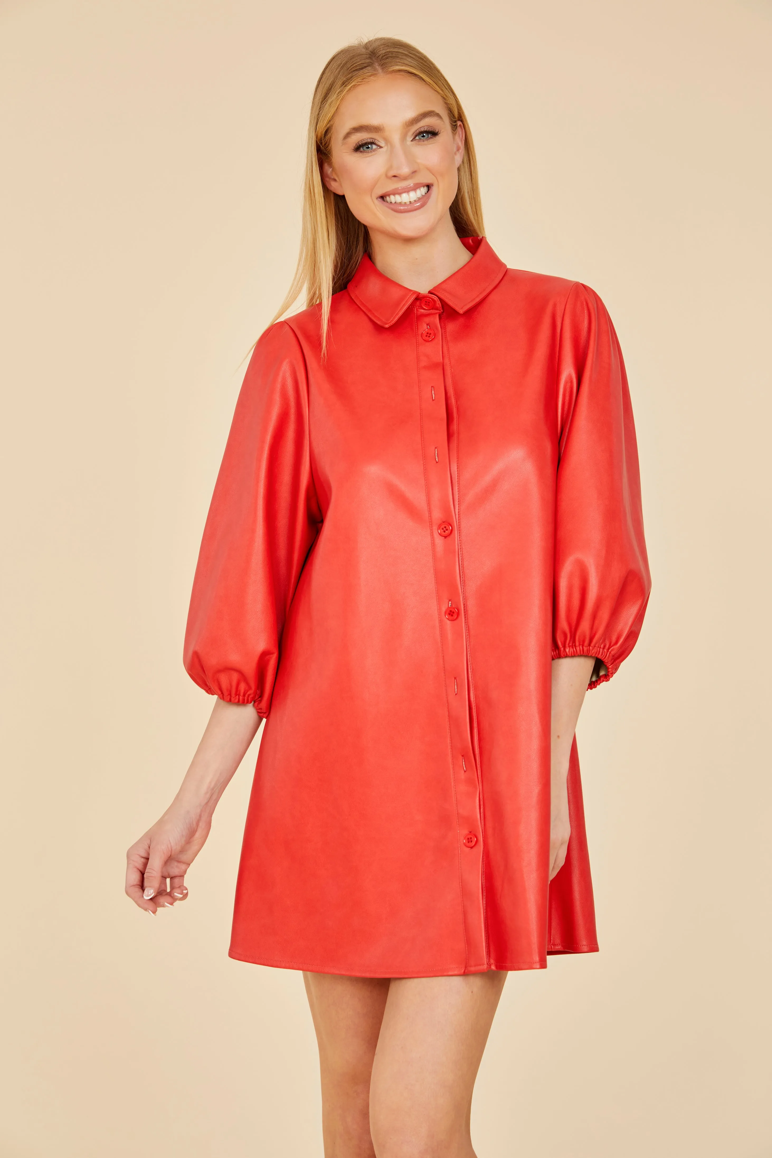 SS'24 Faux Leather Puff Sleeve Dress